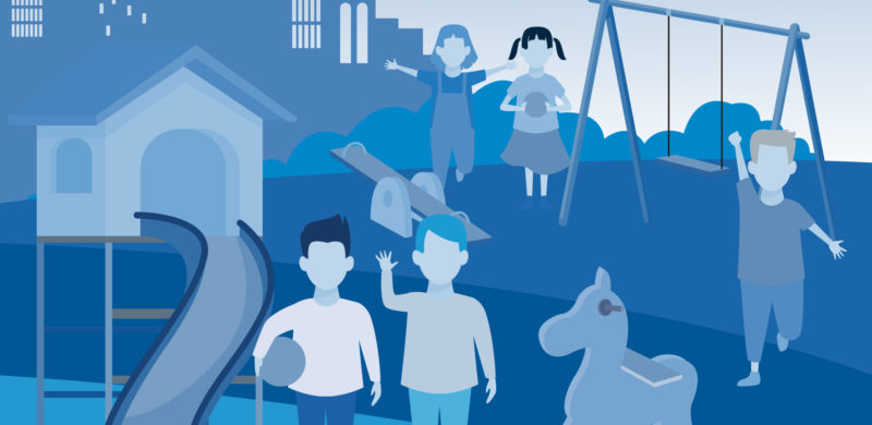 Barn som leker på en stor lekeplass med mange ulike lekeapparater. Blåtoner. Illustrasjon. Barn som leker på en stor lekeplass med mange ulike lekeapparater. Blåtoner. Illustrasjon.