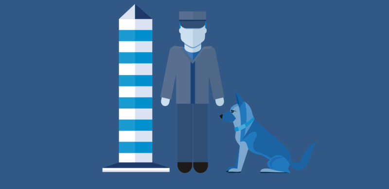 Grensekontrollør med hund på post. Blåtoner. illustrasjon Grensekontrollør med hund på post. Blåtoner. illustrasjon