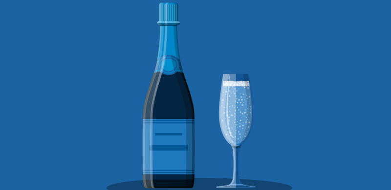 Champagneflaske og et fullt champagneglass. Blåtoner. Illustrasjon. Champagneflaske og et fullt champagneglass. Blåtoner. Illustrasjon.