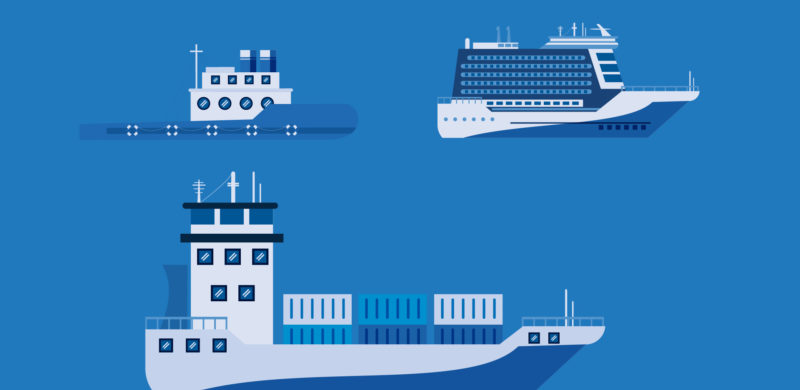 Tre ulike skip, et frakteskip, et cruiseskip og en liten lastebåt. Blåtoner. Illustrasjon. Tre ulike skip, et frakteskip, et cruiseskip og en liten lastebåt. Blåtoner. Illustrasjon.
