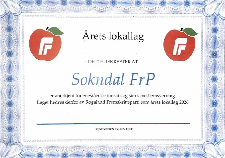 Lenke til artikkel om Sokndal FrP er årets lokallag!